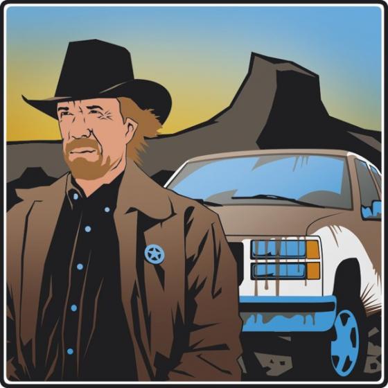 Chuck Norris ja auto piirroskuvassa.