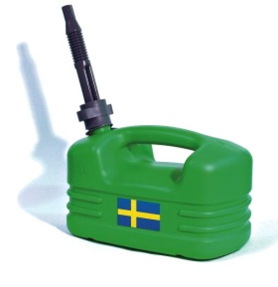 Kuvassa on vihreä kanisteri, jonka kyljessä on Ruotsin lippu.