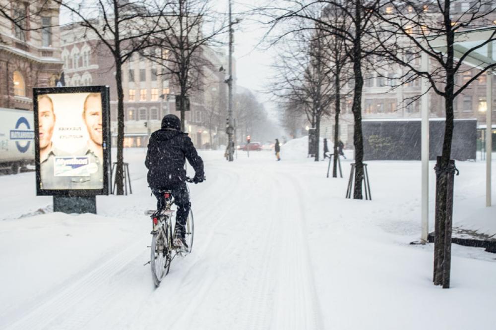 Talvipyöräilyä Helsingissä