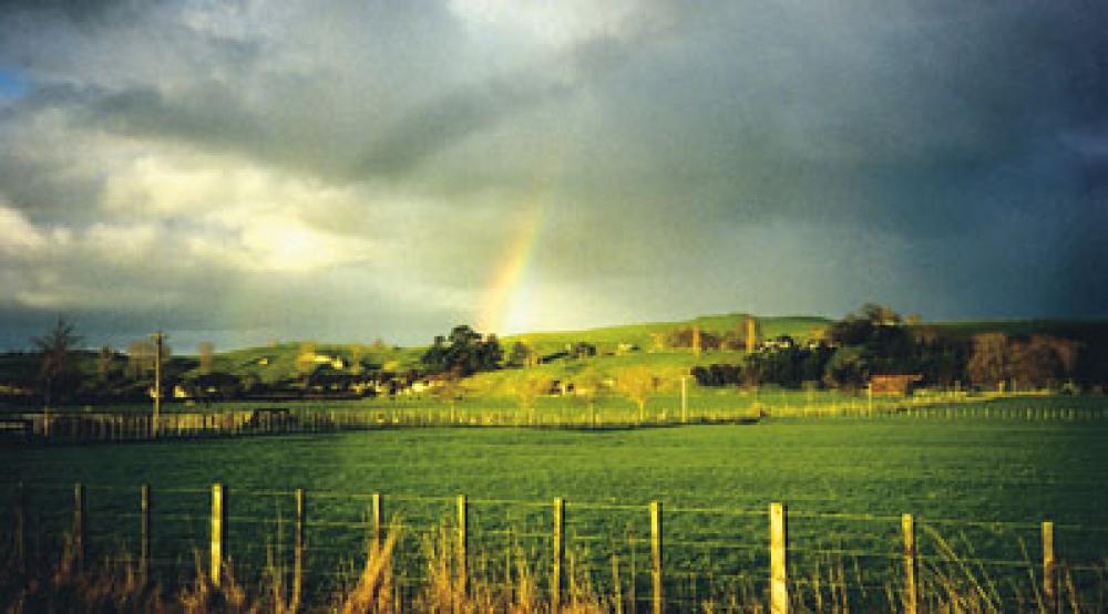 Sateenkaaren pää Uuden-Seelannin maaseudulla.