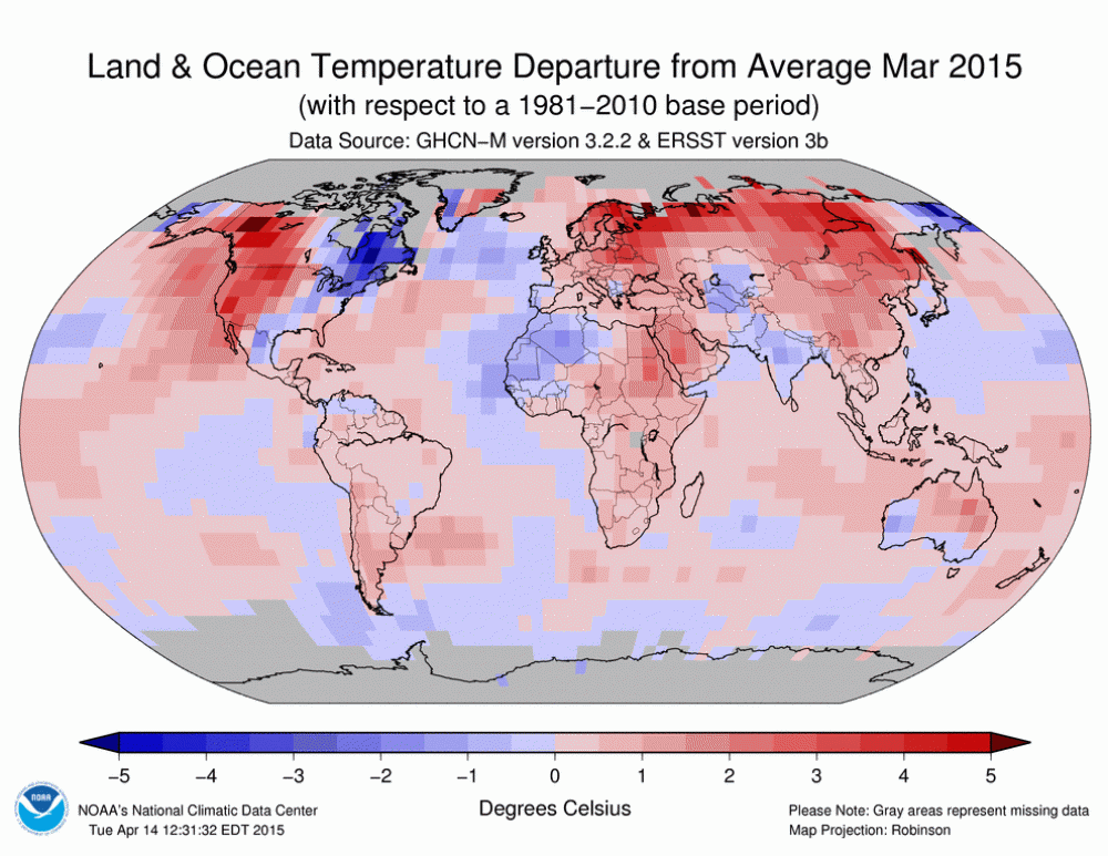 Maailman lämpökartta maaliskuulta 2015